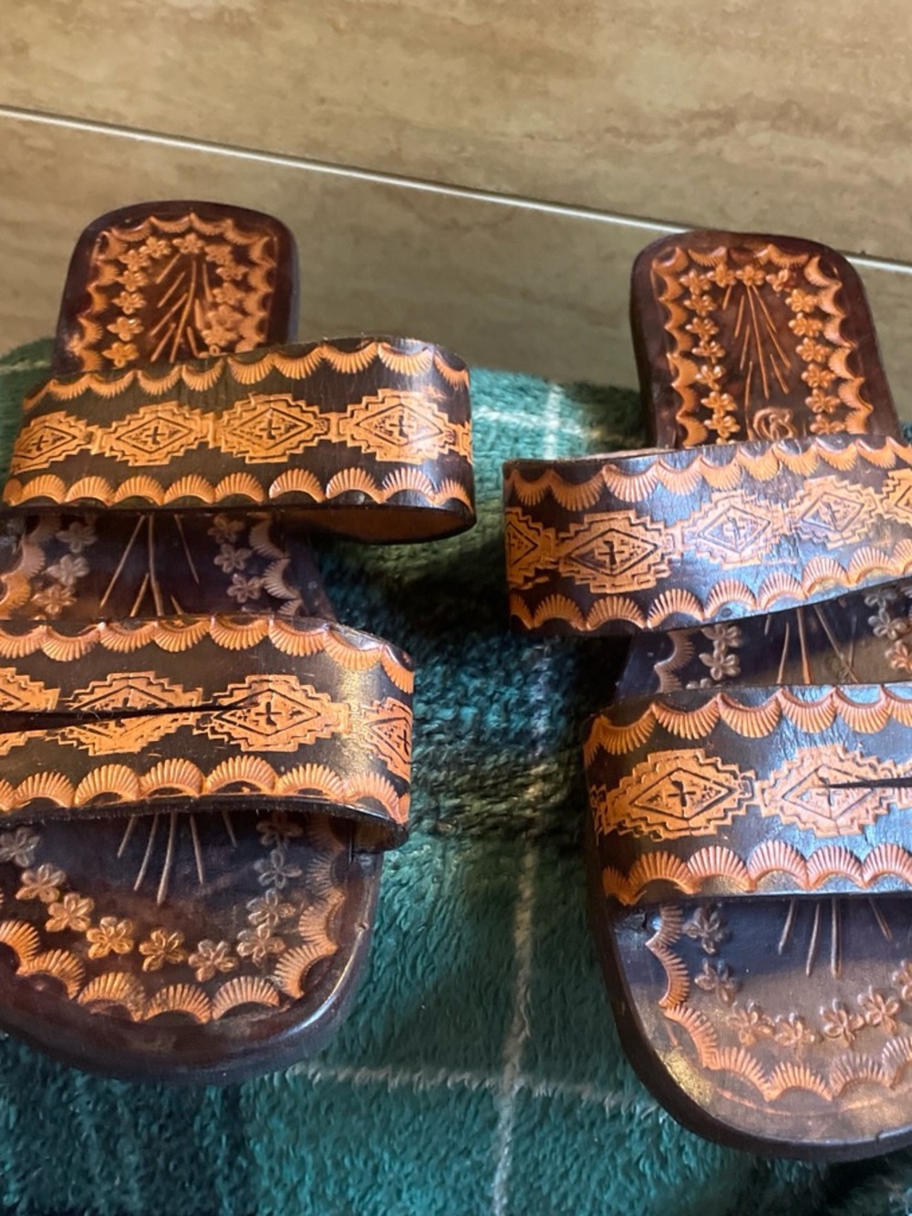 Handcrafted Tooled Leather Slide Sandals - Brown & Tan